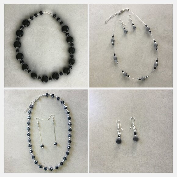 Stunning Black, Silver & Pearl Beaded Jewelry Set - Picture 1 of 8